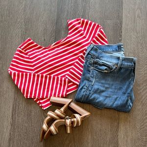 Red and white striped boatneck body suit